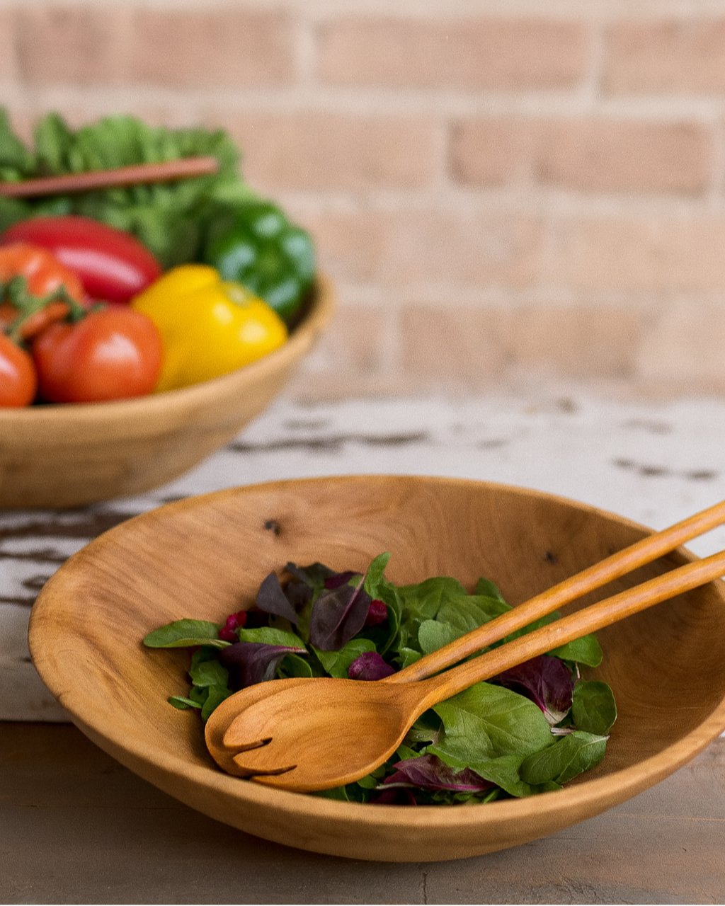 14 ich round Wooden salad bowl by TerraKlay with salad and wooden utensils 