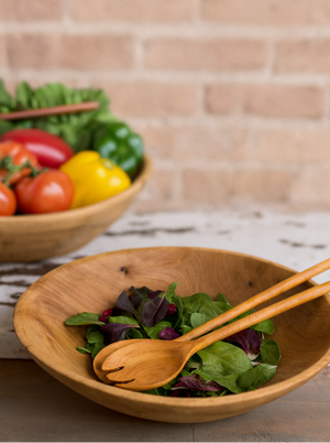 14 ich round Wooden salad bowl by TerraKlay with salad and wooden utensils 