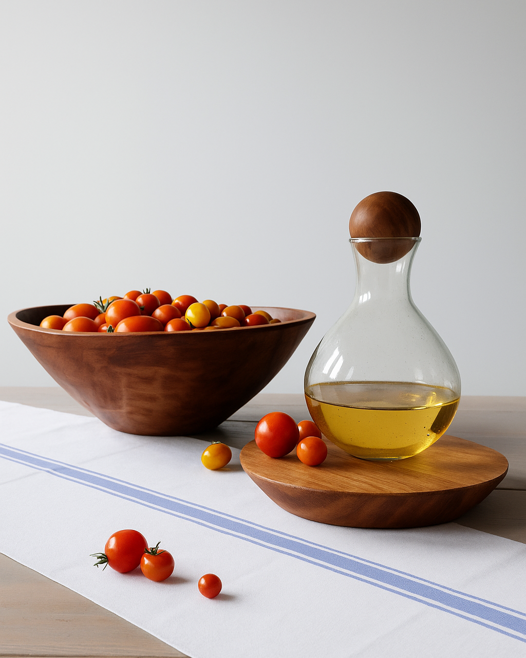 Wooden round classic 17 inch bowl by TerraKlay with tomatoes and a glass carafe with a wooden cap on a white surface.