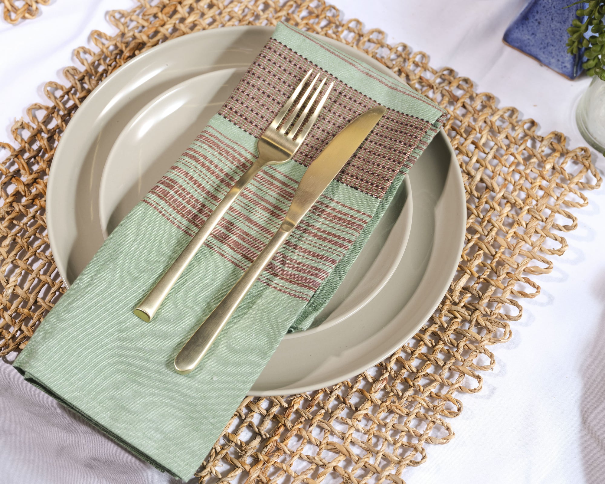 Teal Napkins with Brown Stripes – Set of 4