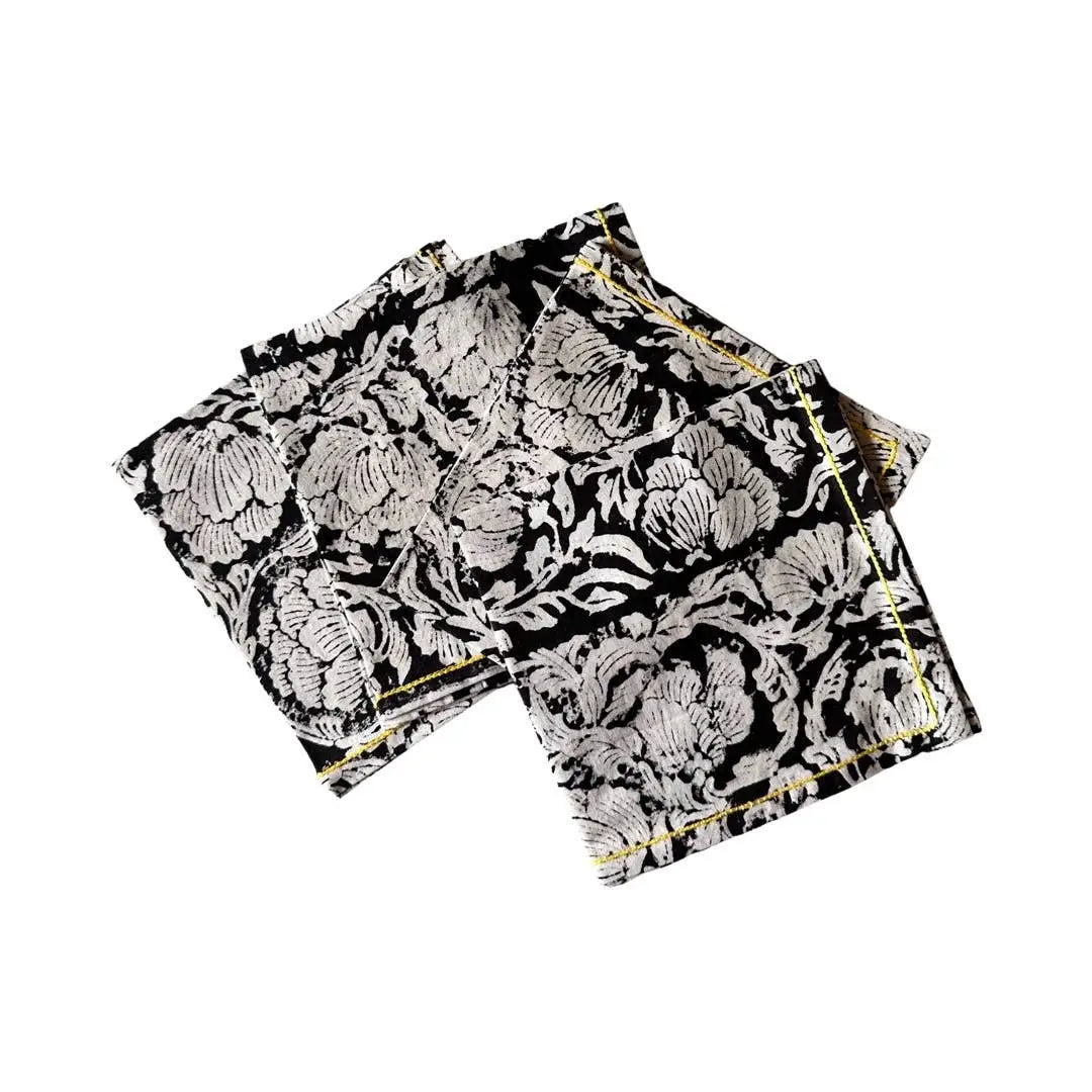 Black Floral Cocktail Napkins – Set of 4