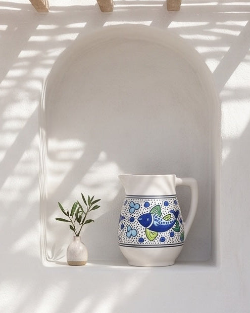 Blue Fish Ceramic Flower Vase and Pitcher