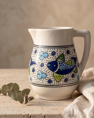 Blue Fish Ceramic Flower Vase and Pitcher