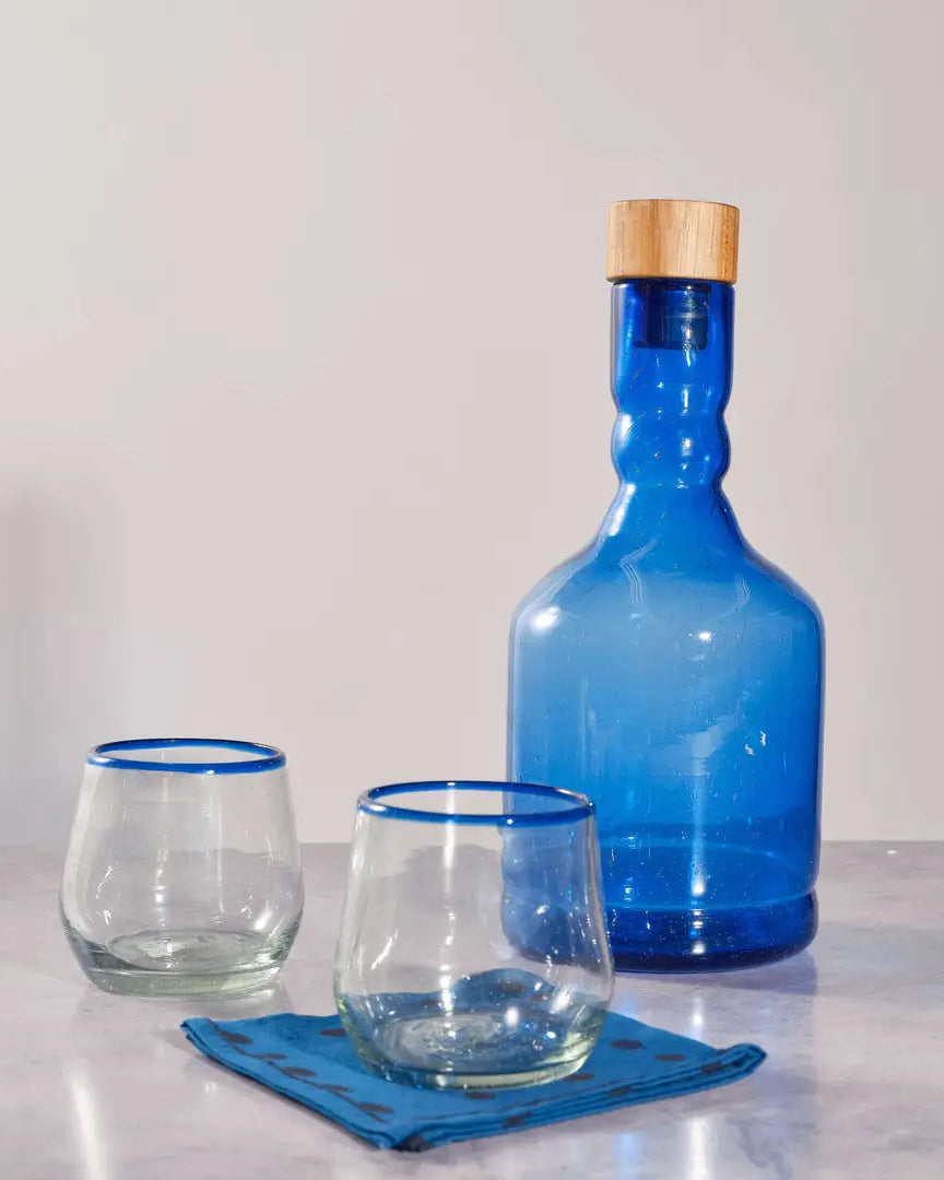 Blue Rim Roly Wine Glass with decanter