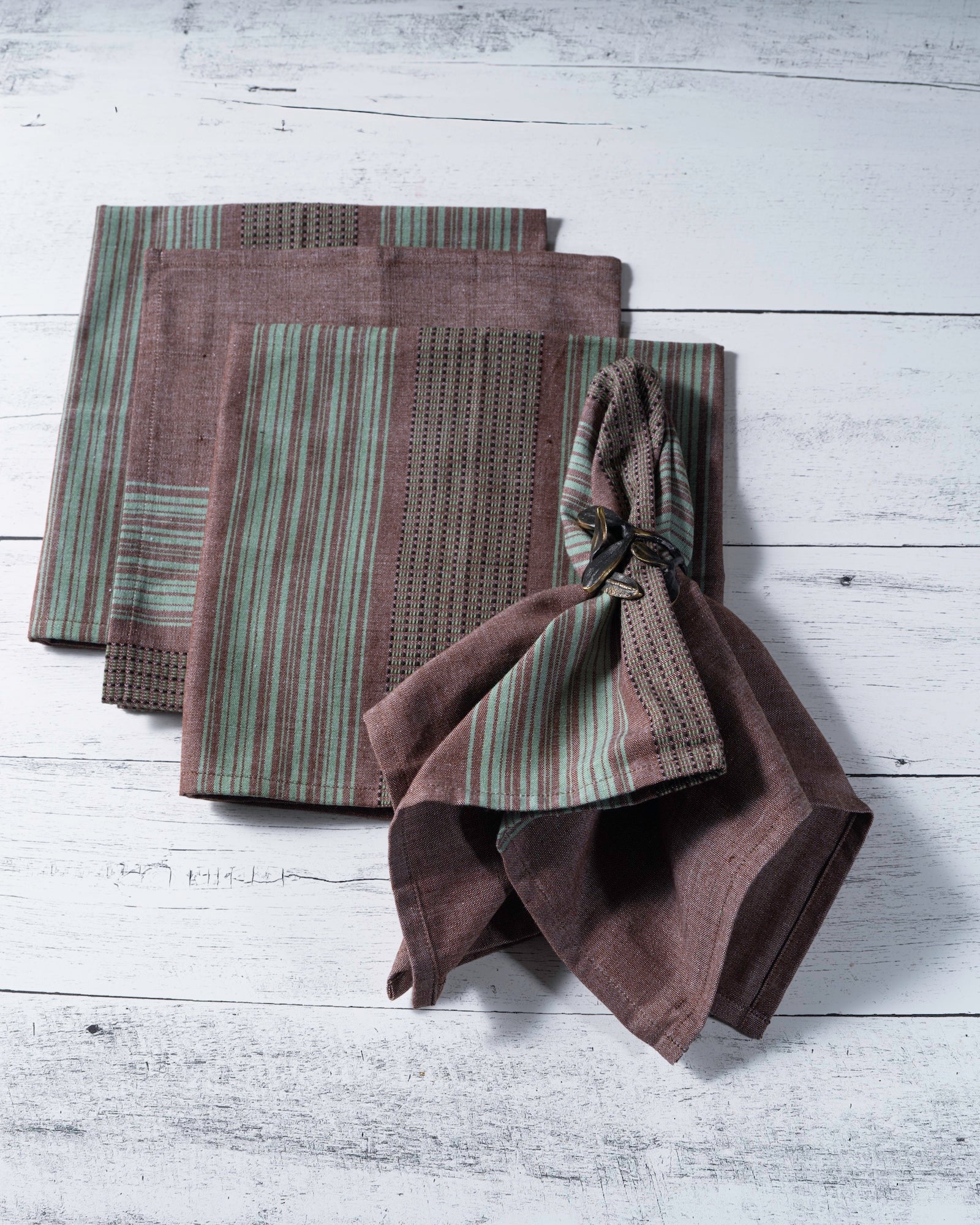 Brown Cotton Dinner Napkins with Teal Stripes – Set of 4