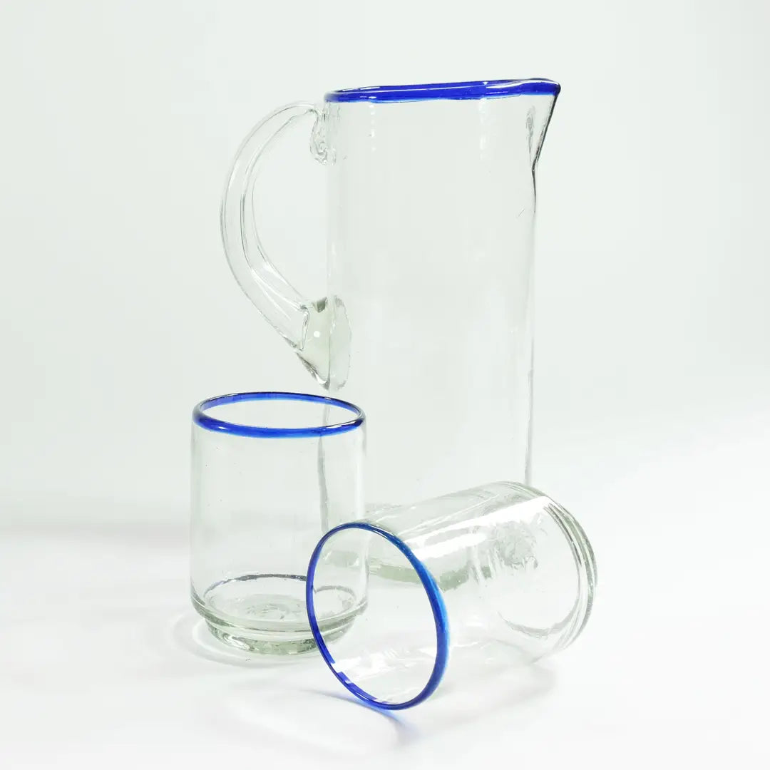 Medium Blue Rim Stacking Drinking Glass with pitcher