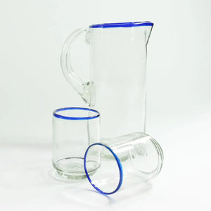 Medium Blue Rim Stacking Drinking Glass with pitcher
