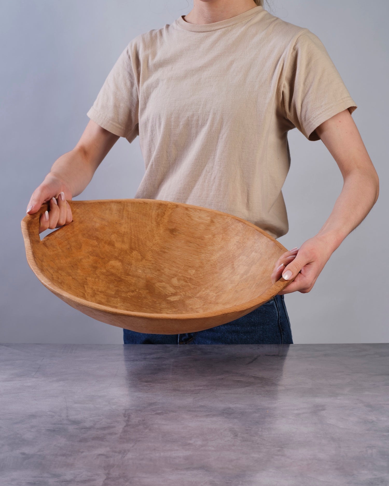 Large 18 inch Contemporary Oval wood Bowl with Handles