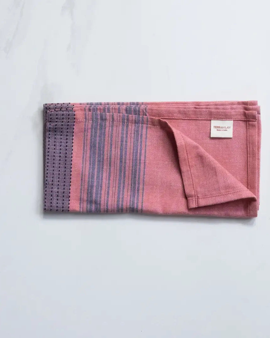 Pink Cotton Dinner Napkins with Blue Stripes – Set of 4