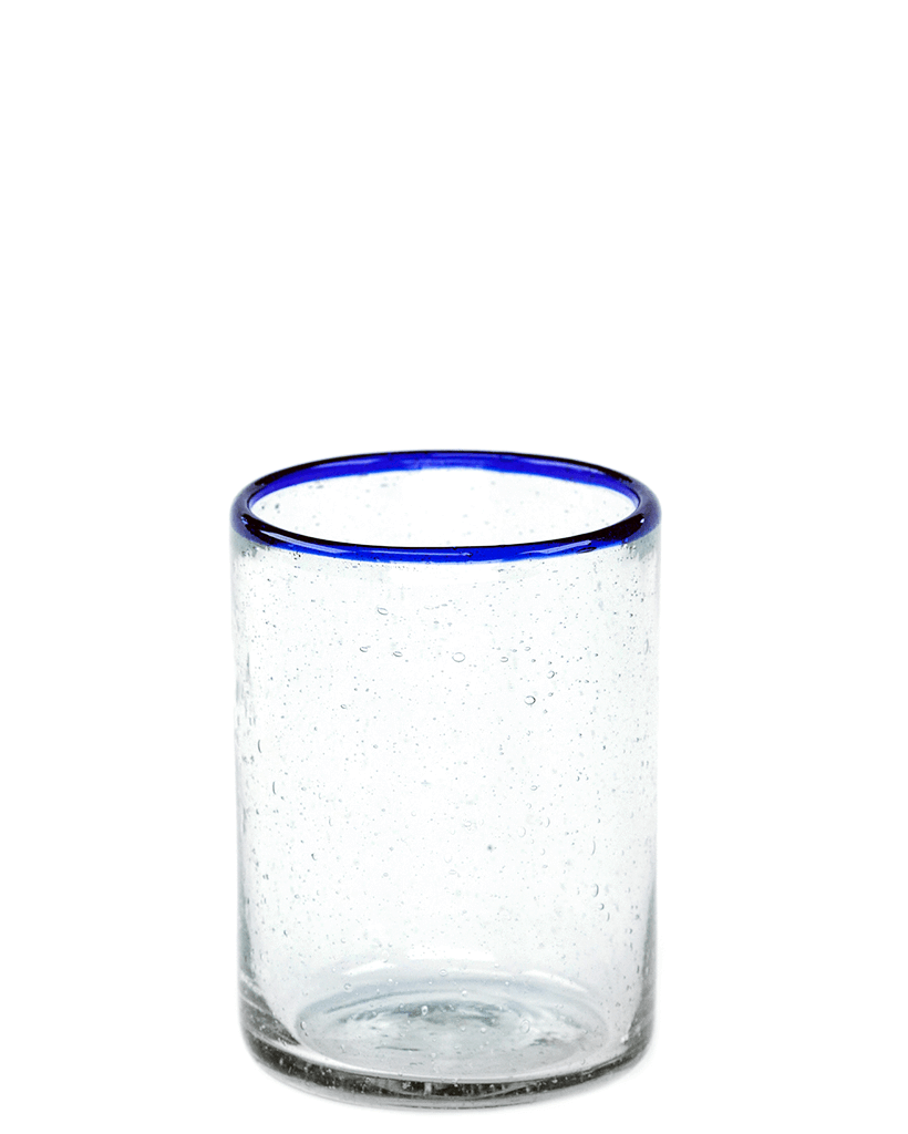 Clear glass with a blue rim on a white background