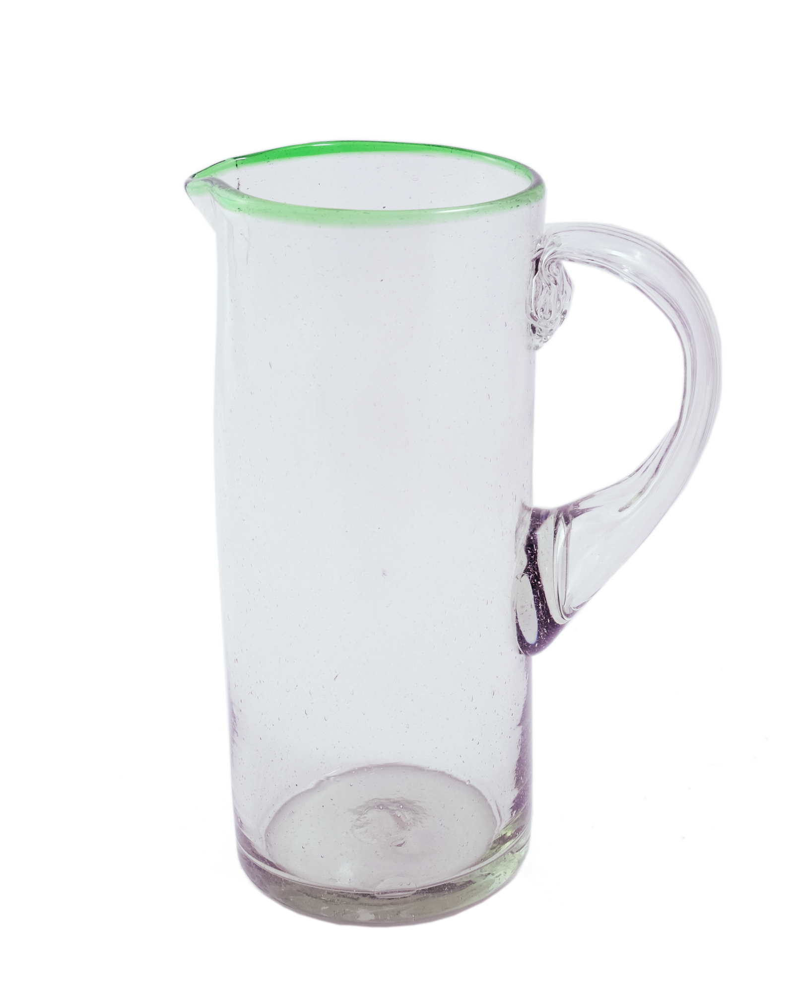 A clear glass pitcher with a green rim and handle, against a white background.