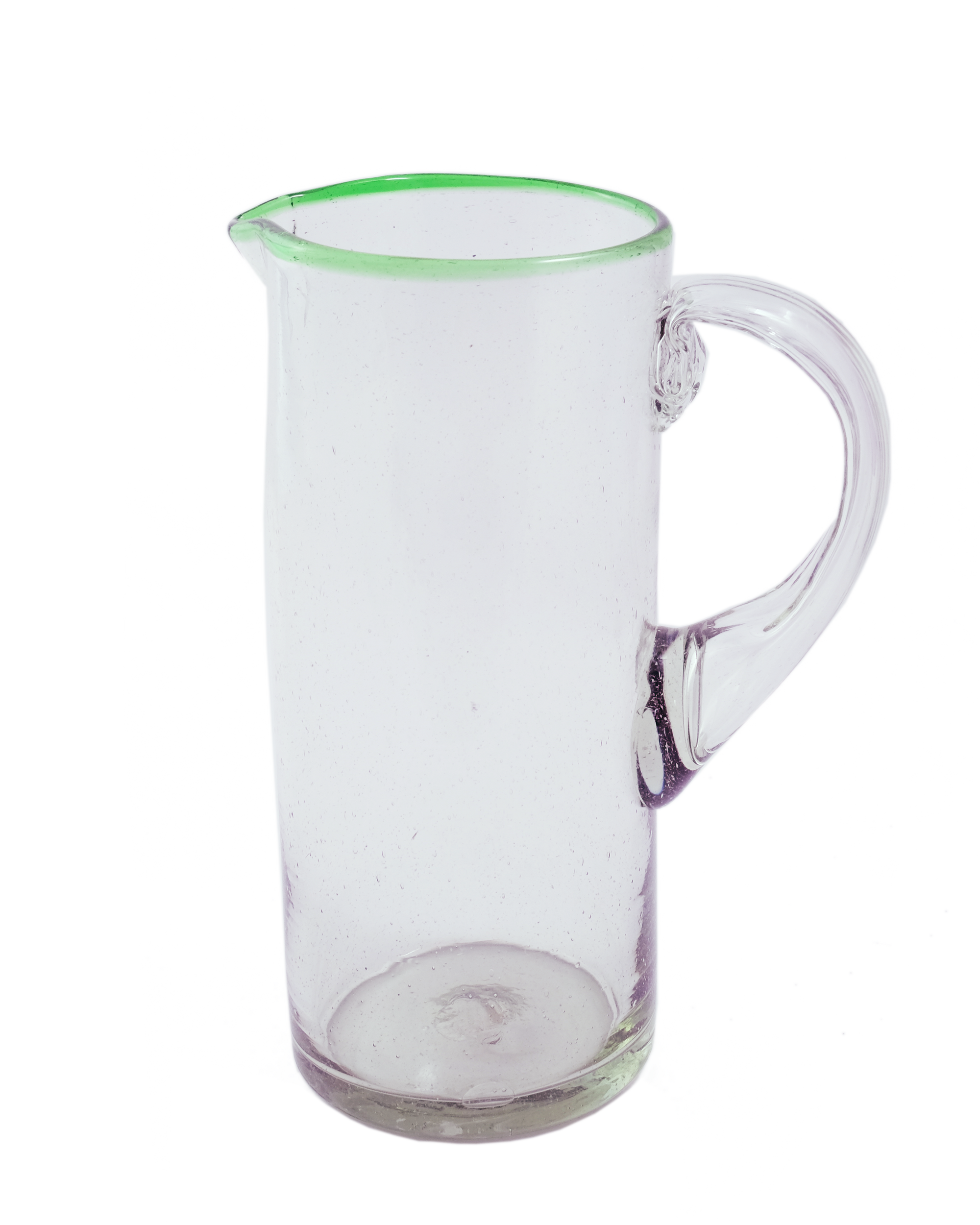 A clear glass pitcher with a green rim and handle, against a white background.