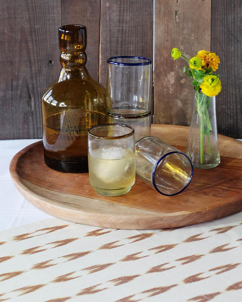 Large Ola Wood Platter- 18 inch with Amber decanter, stacking glass