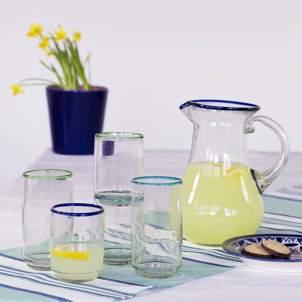 Teal with Blue Stripes Cotton Table Runner and  stacling glass