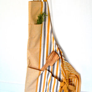 Yellow and Gray striped organic cotton apron with large pockets 