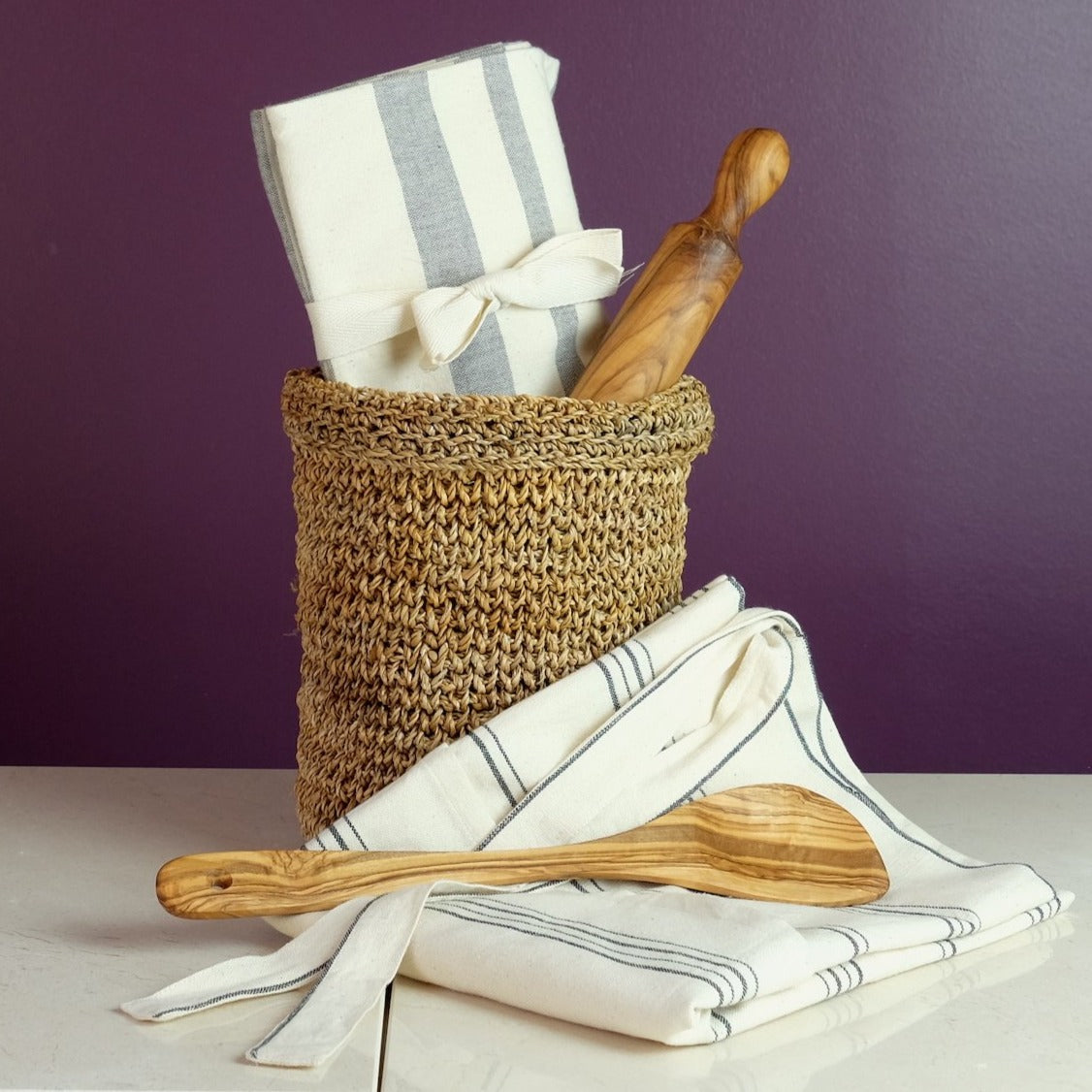 Gift Basket for Home Chefs with Tea Towels, Apron, Rolling pin and Cooking olive wood Spoon | TerraKlay